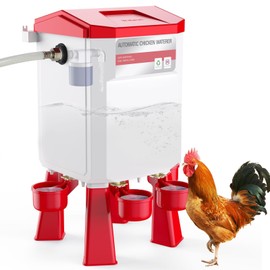 Chicken Waterer with 13 Ft Water Pipe, Automatic Chicken Waterer, Red Chicken Water Feeder, Float Controlled Automatic Watering System for Chicken, Geese, Duck, 2 Gallon, 4 Cups