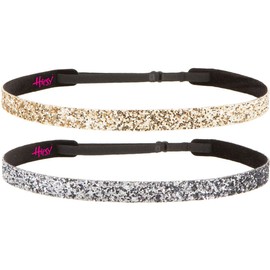 Hipsy Women's Adjustable NO SLIP Bling Glitter Headband Multi Packs (Skinny Gunmetal & Gold Bling 2pk)