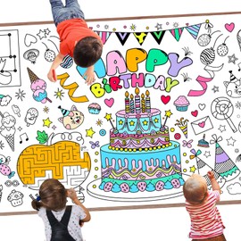 Leezead Happy Birthday Giant Coloring Poster, 72 x 30 Inches Large Birthday Coloring Poster Tablecloth DIY Painting Drawing Table Cover for Home School Classroom Party Supplies Decorations