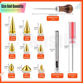 Tanstic 176 Sets Punk Spikes and Studs Kit, 8 Sizes Cone Spikes Screwback Studs Metal Tree Spikes for Leather Punk Style Clothing Accessories (Gold)