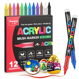 JRQ 12 Colors Acrylic Paint Markers, Brush Tip Paint Pens Acrylic Markers with Waterproof Long-Lasting Ink for Rock, Canvas, Fabric, Wood, Paper, Glass, Stone, Coloring Book DIY Crafts Art Supplies