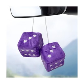 NYTKL Pair Fuzzy Plush Dice for Car Mirror, 3" Retro Square Rearview Mirror Ornament with Heart Shape Pattern, Vintage Hanging Dice Soft Couple Pendant Interior Decor for Women (Purple)