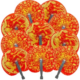 Bestage 10 Pcs Chinese New Year Decorations 2025 Paper Fans Chinese Dragon Phoenix Fan Oriental Japanese Round Handheld Folding Fan for Chinese Wedding Party Birthday Festival Favors Decorations