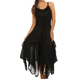 Sakkas 0131 Lady Mary Jacquard Corset Style Bodice Lightweight Handkerchief Hem Dress - Black - OSP