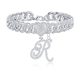 FUNEIA Cursive Initial Pendant Ankle Bracelets for Women, Adjustable Silver Cuban Link Chain Anklets, Miami Heart Shape Bling Diamond Iced Out Chain, Letter A-Z Dainty Anklet, Metal, Cubic Zirconia