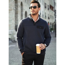 JMIERR Mens Quilted Sweatshirt Vintage Long Sleeve Outdoor Stand Collar 1/4 Button Pullover Sweatshirts Fall Fashion Clothing with Pocket, US 50(2XL), Blue