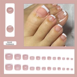 French Tip False Toenails - Short Square Nude Pink Fake Toe Nail - White French Tip Press on Toenails - 24Pcs Acrylic Full Cover Fake Toenails Nail Art Set for Women Girl