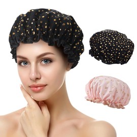 Shower Cap, Pack of 2 Waterproof Shower Caps, Shower Cap for Women, Hair Cap for the Night, with Elastic Band, Reusable Shower Caps for Girls Women (C)