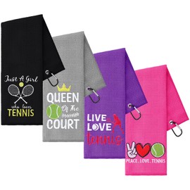 VitalCozy 4 Pieces Tennis Towel Funny Tennis Towel Embroidered Tennis Towel with 4 Clip Tennis Court Accessory Tennis Gifts for Men Women (Classic Style)