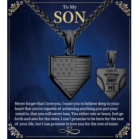 Sentimental Home Plate Baseball Gift with Box | To My Son Necklace From Mom Dad Parent Stainless Steel American Flag Scripture Birthday Christmas Gift for Men Silver Bible Verse Always Remember