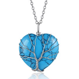 Bestyle Tree of Life Heart Crystal Necklaces December Birthstone Pendant for Women Grils, Synthetic Blue Turquoise Gemstones Healing Crystal Necklaces,Love Statement Jewelry Birthday Gifts