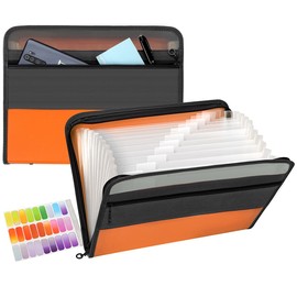 TRANBO 13 Pockets Expanding File Folder with Zipper Closure, A4 Plastic Document Wallet Organizer with Handy Front Pocket for Personal Office Stationary Storage(Orange)