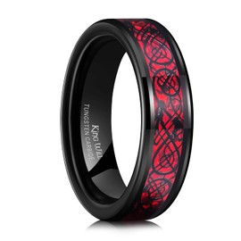 King Will DRAGON Men's Tungsten Ring 6mm Red Carbon Fiber Black Celtic Dragon Tungsten Carbide Ring Wedding Band