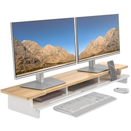 WELL WENG Monitor Stand Dual Monitor Stand Riser for Desk,Wood Desk Shelf Storage Organizer with Phone Tablet Holder (42.5 Inch, White & Natural Bamboo)