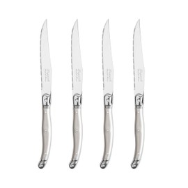 French Home Laguiole 4-Piece Steak Knife Set – Sophisticated Stainless Steel Dinner Knives with Pewter Handles & Iconic Bee Emblem – Serrated Knives for Smooth Cutting (9.25")