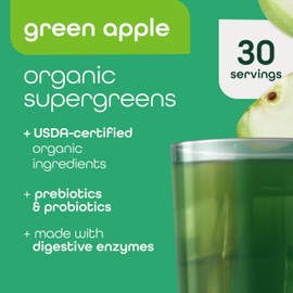 Zena Nutrition Organic Super Greens Powder, 70+ Superfoods, 0 Sugar, 3G Fiber, Spirulina, Chlorella, Mushrooms, Prebiotics/Probiotics, Digestive Enzymes for Gut Health, Green Apple, 30 Servings