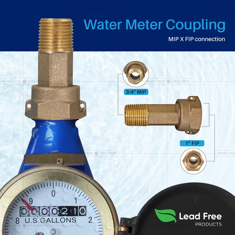 Midline Valve XND0034-OM-5 Brass Water Meter Coupling Adapter Pipe Fitting;