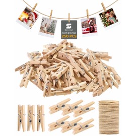 Mini Clothes Pins for Photo, Natural Small Wooden Clothespins 1 Inch Tiny Wood Decorative Clips Bulk, 33FT Jute Twine and Clothespins for Crafts Photos Pictures Baby Shower Game Classroom, 250 PCS
