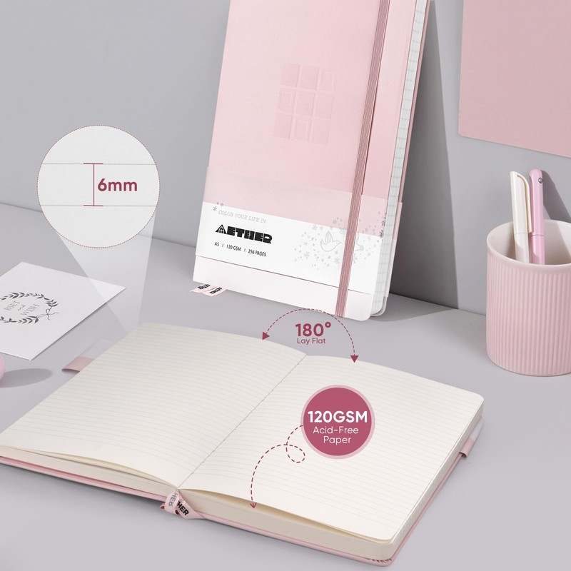 AETHER Notebook Lined A5, Pink Journal Diary 256 Pages 120