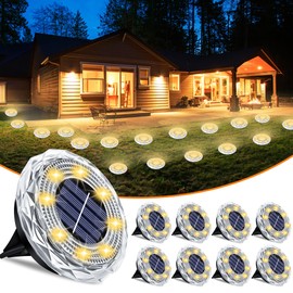 Solar Ground Lights 8 Pack Waterproof Outdoor Solar Lights for Yard Led Solar Garden Lights Bright Solar Powered Disc Light In-Ground Landscape Lighting for Patio Pathway Walkway Driveway, Warm White