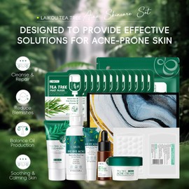 LAIKOU Tea Tree Skincare Set , Anti-Acne Face Care Kit with Cleanser, Toner, Serum, Spot Gel, Cream, Mud Mask & Pimple Patches, Oil Control & Soothing for Teenage Girls, Women & All Skin Types