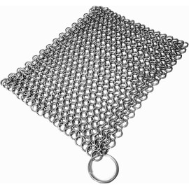 Mythrojan Cast Iron Scrubber 316 Stainless Steel Skillet Cleaner Chainmail Scrubber Chain Mail Scrub with Hanging Ring for Cast Iron Pre-Seasoned Pans (15 X 15cm)