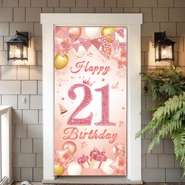 21st Birthday Decorations Door Banner - Rose Gold Happy 21st Birthday Backdrop Banners Large Size Door Porch Sign Background 185x90cm for Women 21 Years Old Party Supplies