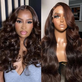 studyy Chocolate Brown 13x6 Body Wave Lace Front Wigs Human Hair 20Inch 180% Density HD Transparent Full Lace Front wigs Human Hair Pre Plucked with Baby Hair Lace Frontal Wigs for Women