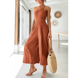 ANRABESS Women's Summer Straps One Shoulder Pleated High Waist Casual Wide Leg Jumpsuit Romper with Pockets 502xiuhuang-L