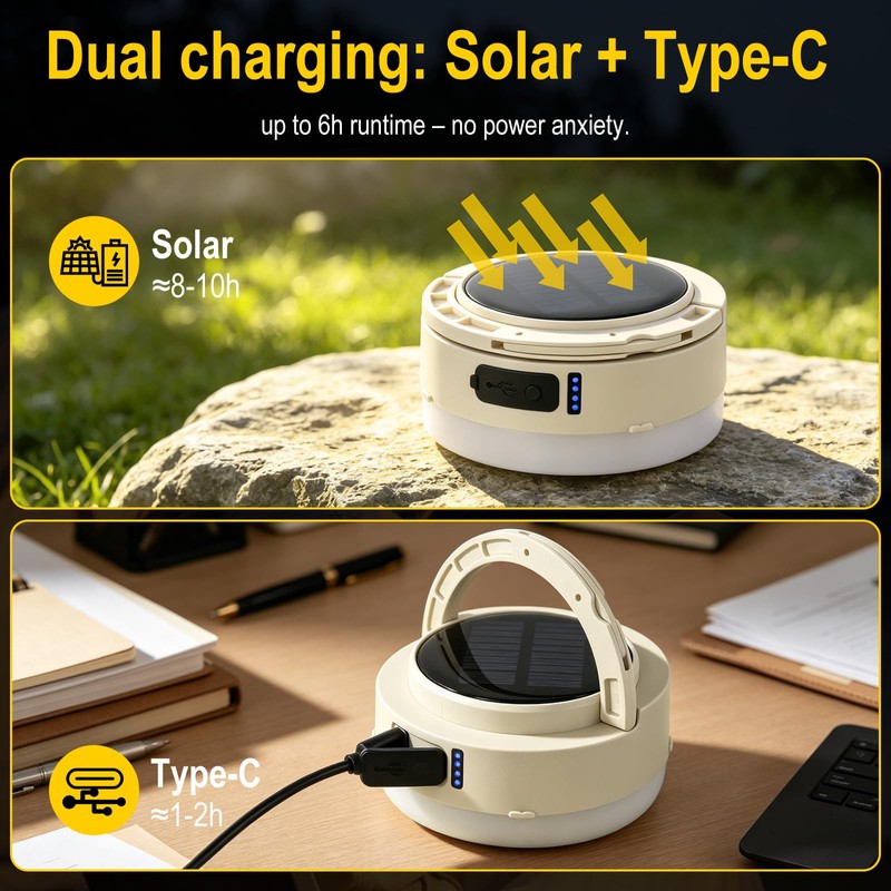 BORUiT LED Camping Light, Solar Powered or USB C Rechargeable,