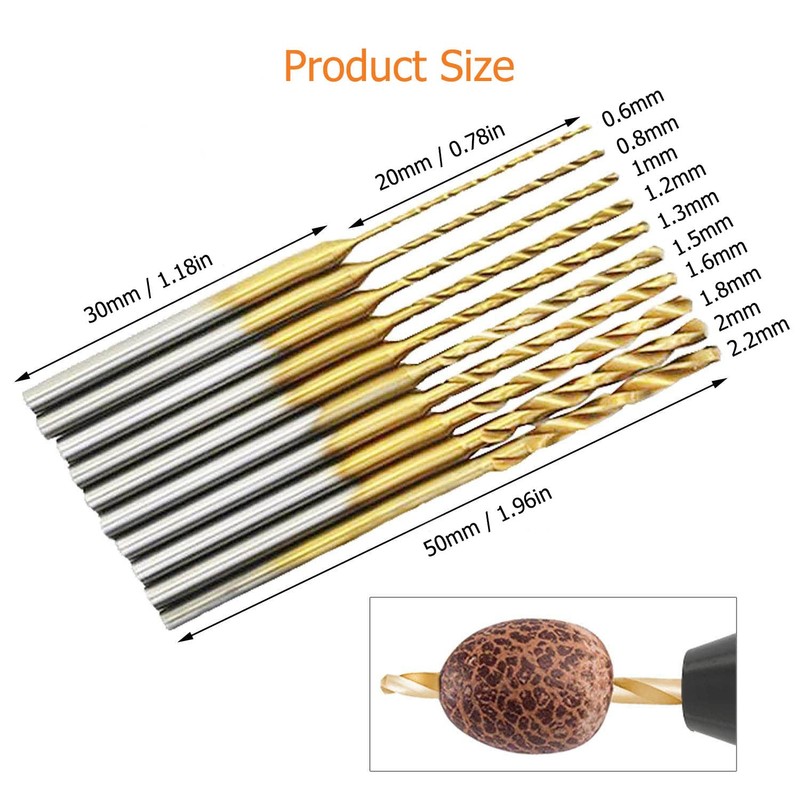 YUENTOEN ミニツイストドリルビットセット 10個 - マイクロ彫刻ドリルビット HSS 2.35mm シャンク チタンコーティング 0.6mm~2.2mm