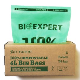 BIO-EXPERT 6L Bin Liner 150Bags 100% Compostable Biodegradable Bin Bag Made from Plants with En13432 & Home Compost Certification Leakproof Super Strong Green Color (6L 150Bags)