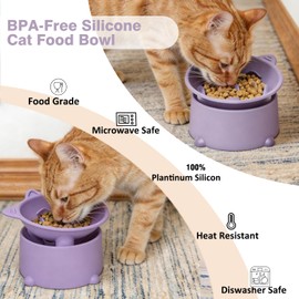 Silicone Slow Feeder Cat Bowl, 5.4'' Elevated Cat Slow Feeder Bowl Tilted Design, Adjustable Height Raised Cat Food Bowl, Easy to Clean, for Indoor Cats and Small Dogs (Lilac)