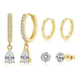 Loutade Silver Hoop Earrings for Women, 3 Pairs 925 Sterling Silver Hoop Earrings & Teardrop Dangle Hoop Earrings & Stud Earrings Set, Small Simple CZ Cartilage Sleeper Gold Earrings for Teen Girls