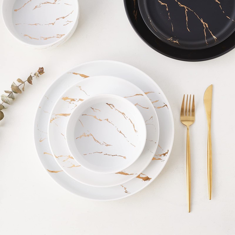 Pokini White Gold Splash Dinnerware Sets, 12 Pieces Fine China