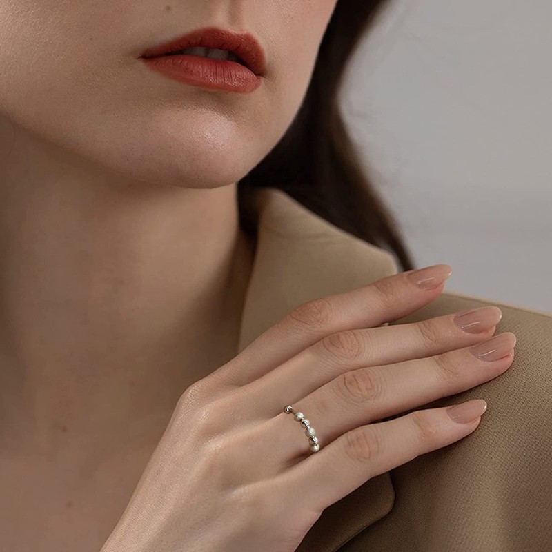 Anxiety Relief Adjustable Silver Spinning Fidget Ring with 7 Beads