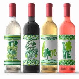St. Patrick's Day Joy & Love Themed Waterproof Wine Bottle Sticker Wrappers, 4 3.75" x 4.75" Wrap Around Labels by AmandaCreation (Wine NOT Included)