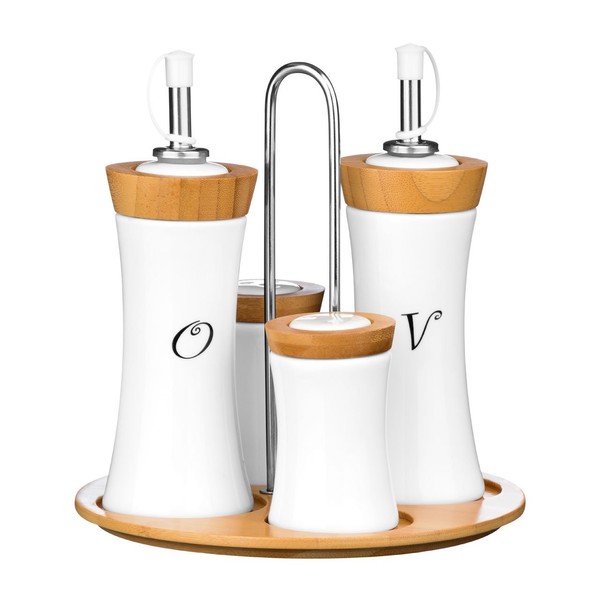 Premier Housewares 1103947 4-Piece Bamboo/Ceramic Concave Condiment Set,White,H19 x W19