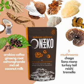 Mushroom Coffee with 5 Mushroom Extracts, Ginseng, Ashwagandha and Coconut Milk, High Mushroom Content (1500 mg / 6 g Serving), 1-Month-Supply