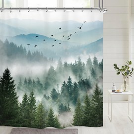 Riyidecor Misty Mountain Shower Curtain 72Wx72H Inch Nature Scenery Foggy Green Pine Tree Scenic Woodland Greenery Mens Bathroom Decor Fabric Polyester Waterproof 12 Pack Hooks
