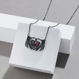 URONE Skeleton Necklace 925 Sterling Silver Skull Skeleton Hand Rib Pendant Necklace Gothic Jewelry Gifts for Women