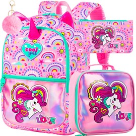 FTJCF 16.5" Unicorn Backpack for Girls, 3Pcs Kids Rainbow Bookbag Set for Kindergarten/Preschool/Elementary School，Waterproof Lightweight Backpacks with Lunch Box (Pink)