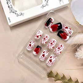 Valentine's Day Blood Love Heart Press on Nails Medium Square Glossy False Nails Blood Lines Design Full Cover Artificial Coffin Nails Holiday Nails Valentine's Acrylic Nails Stick on Nails for Women