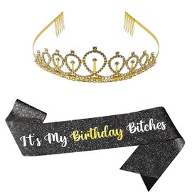 Funky Junque Glitter Birthday Sash & Tiara Crown Bundle - It's My Birthday B*tches (Black) & Gold Tiara