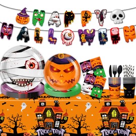 107Pcs Halloween Tableware And Decorations Set, Halloween Party Supplies, Scary Party, Pumpkin Monster Theme Set