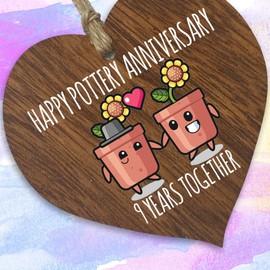 9th Wedding Anniversary Plaque Gift for Husband Wife - 9 Years Together - Happy Willow Anniversary Wooden Heart for Women Men Partner, Dark Wood Sign Keepsake Gifts