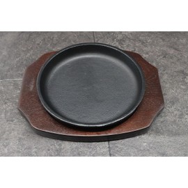 Asahi Steak Plate (with Wooden Base) Iron Casting, Round 5.9 inches (15 cm), Commercial Use