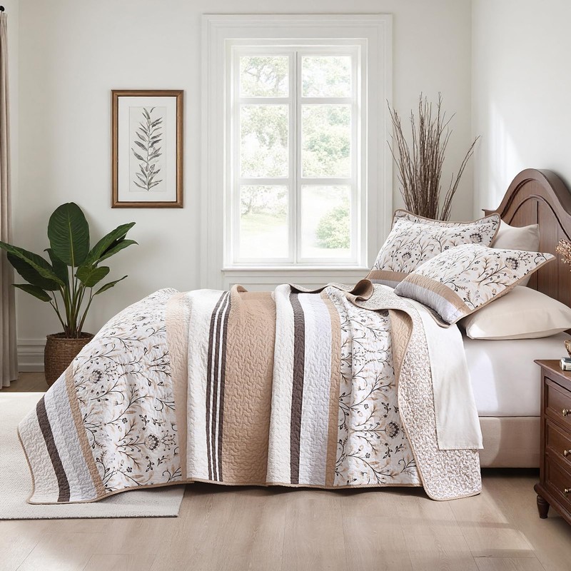100% Cotton Quilt Set King Size - Reversible Botanical Quilted