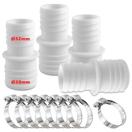 Rhsemi Set of 4 Hose Connectors, 32 mm to 38 mm Diameter, Set of 8 Hose Clamps, Pool Hose, Adapter, Hose Adapter, Double Hose Nozzle (White)