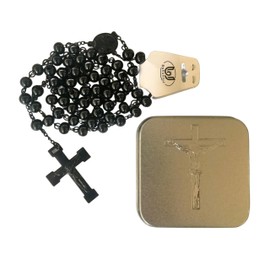 BJ BshuxiuJ Military Rosary Necklace for Men – Warrior Combat Battle Soldier Rosary, Rugged Handmade Catholic Rosary Beads with Metal Box and Prayer Card (Black Stainless Steel Rosary)